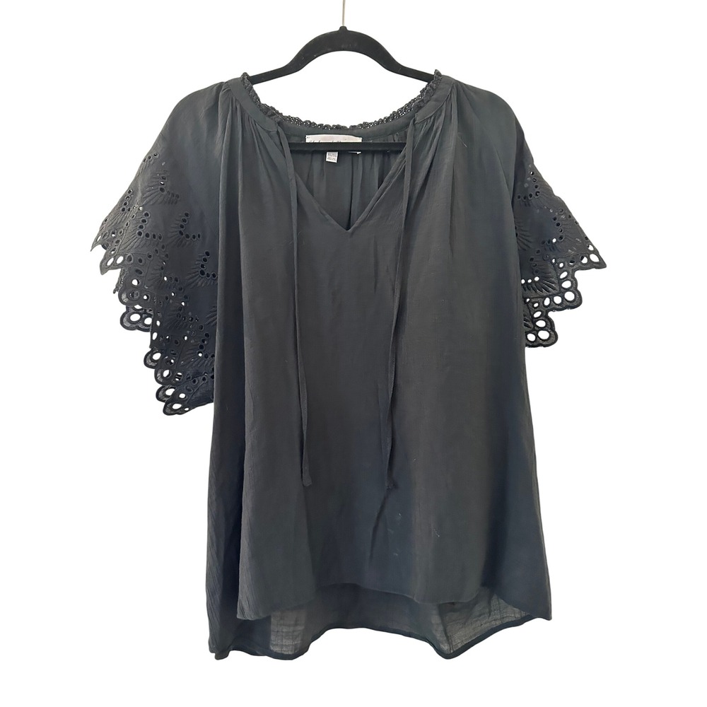 Chelsea & Theodore Black Eyelet Flutter Sleeve Peasant Blouse XL Boho Capsulee